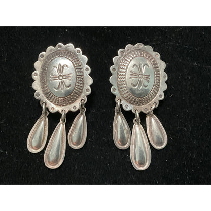 Native Navajo Concho Dangle Drop Earrings Clip-On “LJ” Sterling Silver 925