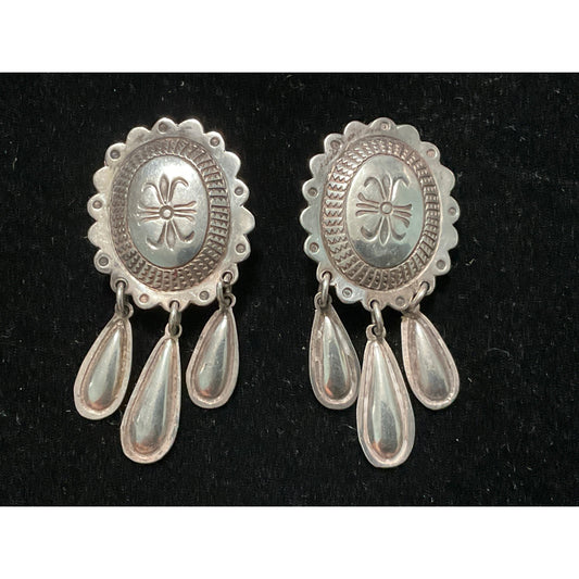 Native Navajo Concho Dangle Drop Earrings Clip-On “LJ” Sterling Silver 925