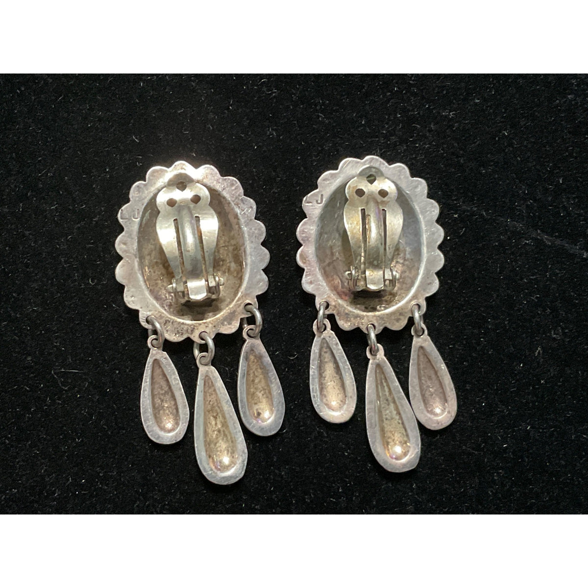 Native Navajo Concho Dangle Drop Earrings Clip-On “LJ” Sterling Silver 925