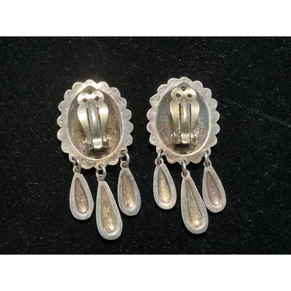 Native Navajo Concho Dangle Drop Earrings Clip-On “LJ” Sterling Silver 925
