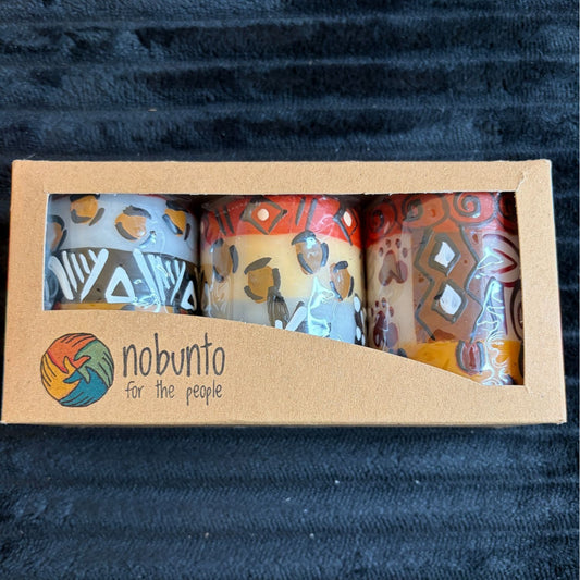 Nobunto Hand-Painted Fair-Trade Candles Uzima 3-Piece 2.5" Votive Set Unique African Art Artisan Multicolor Yellow/Orange/Red Handcrafted