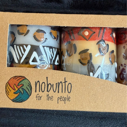 Nobunto Hand-Painted Fair-Trade Candles Uzima 3-Piece 2.5" Votive Set Unique African Art Artisan Multicolor Yellow/Orange/Red Handcrafted