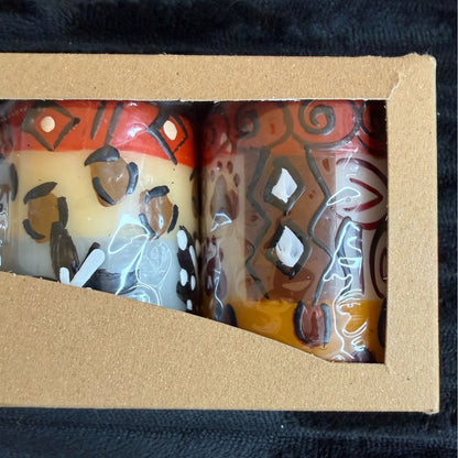 Nobunto Hand-Painted Fair-Trade Candles Uzima 3-Piece 2.5" Votive Set Unique African Art Artisan Multicolor Yellow/Orange/Red Handcrafted