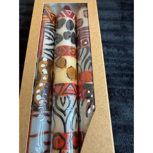Hand-Painted Nobunto Uzima 3pc 9" Dinner Candles Fair-Trade South Africa Unique Artistic Patterns Multicolor Tall Candle Set Gift Box