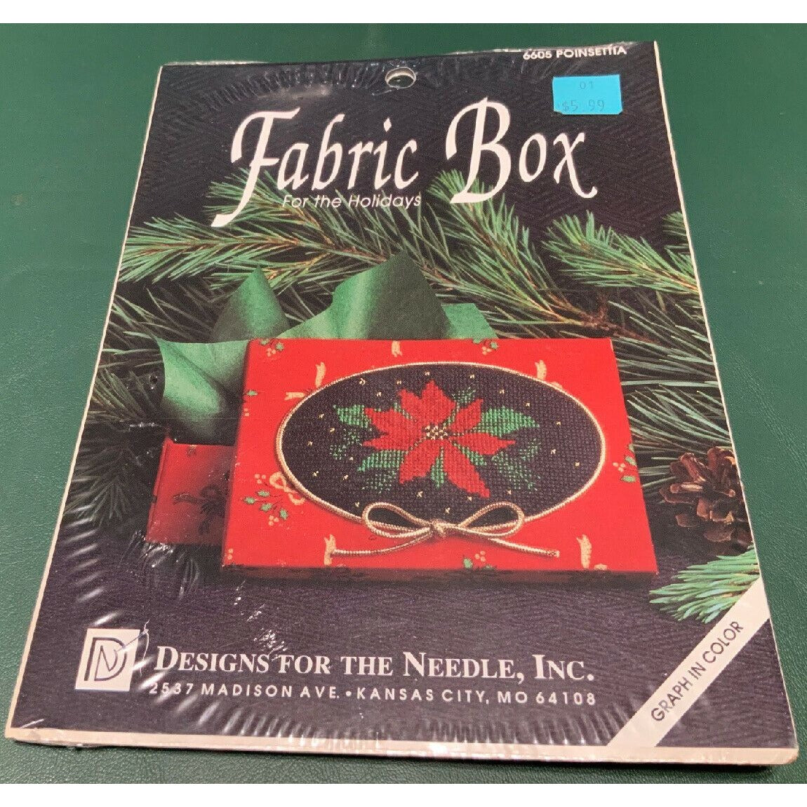 Fabric Box Holiday Cross-Stitch Kit Poinsettia Design By Designs For The Needle Inc. Sealed Vintage Craft Set