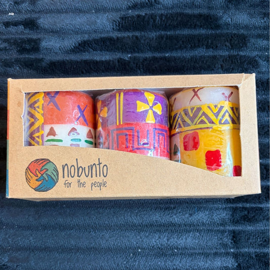 Handmade Nobunto Fair Trade Indabuko 2.5"Votive Candle Set 3 Pc South Africa Unique Hand-Painted Designs Red Yellow Purple Blue Orange Green