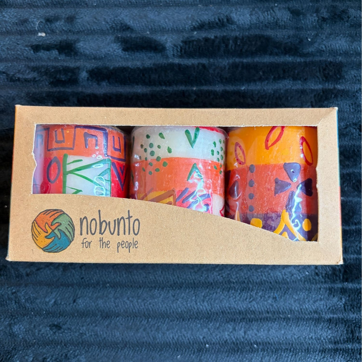 Nobunto Indabuko Handcrafted Fair-Trade South African 2.5" Candle Set - Unique Hand-Painted 3-Piece Decor - Red Orange Yellow Patterns