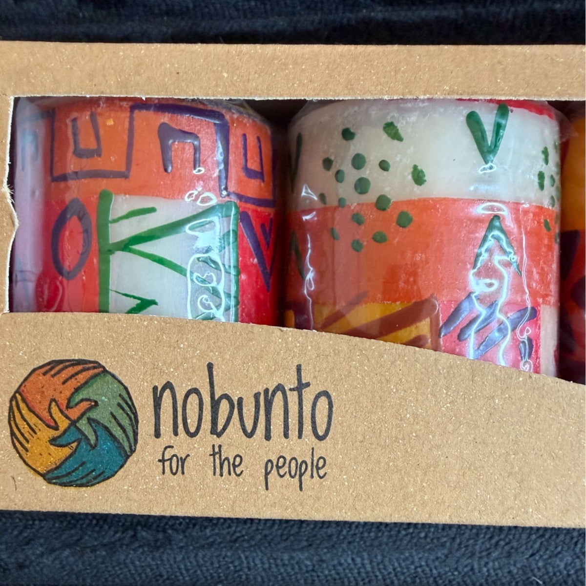 Nobunto Indabuko Handcrafted Fair-Trade South African 2.5" Candle Set - Unique Hand-Painted 3-Piece Decor - Red Orange Yellow Patterns
