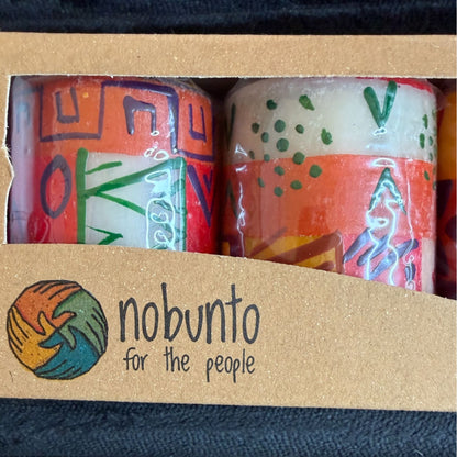 Nobunto Indabuko Handcrafted Fair-Trade South African 2.5" Candle Set - Unique Hand-Painted 3-Piece Decor - Red Orange Yellow Patterns