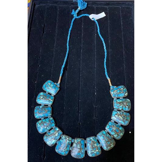 Vintage Turquoise Mosaic Statement Necklace With Teardrop Design