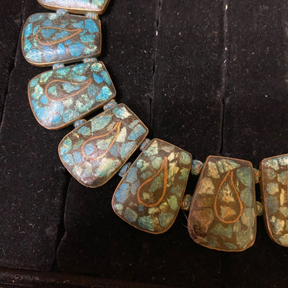 Vintage Turquoise Mosaic Statement Necklace With Teardrop Design