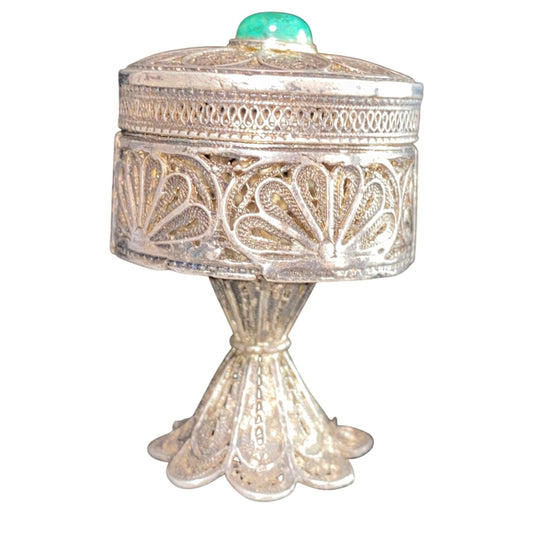 Filigree Pedestal Trinket Box Sterling Silver Turquoise Bead Lid Vintage
