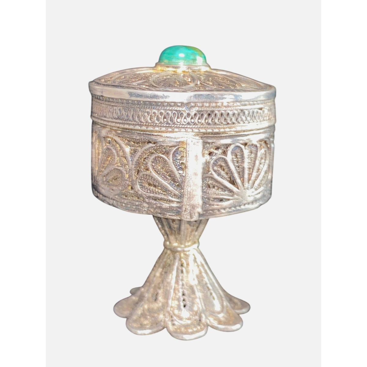 Filigree Pedestal Trinket Box Sterling Silver Turquoise Bead Lid Vintage