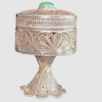 Filigree Pedestal Trinket Box Sterling Silver Turquoise Bead Lid Vintage