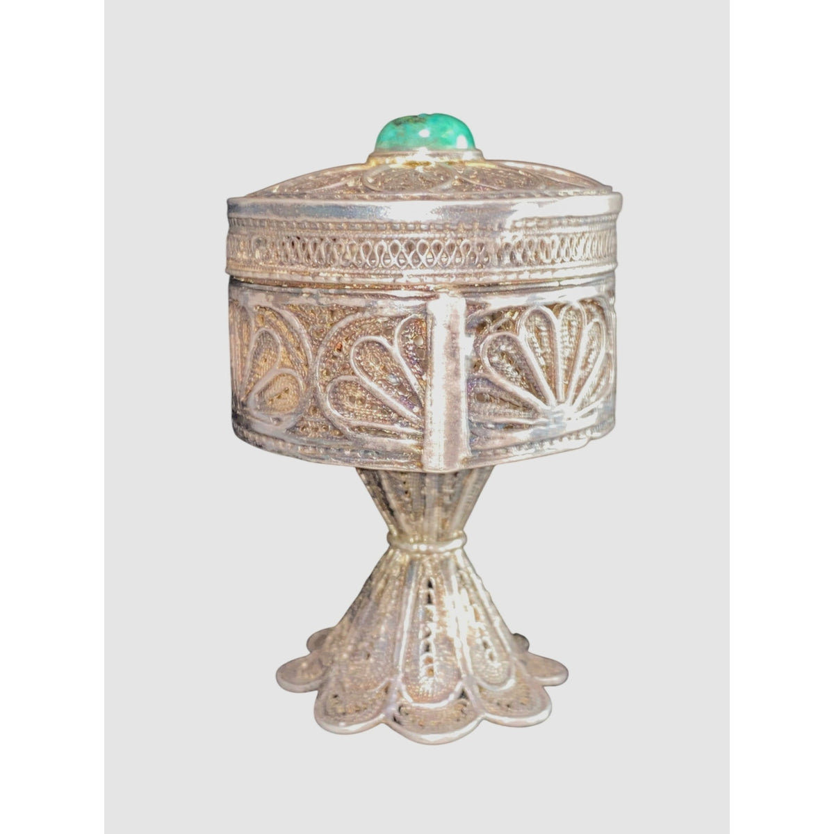 Filigree Pedestal Trinket Box Sterling Silver Turquoise Bead Lid Vintage