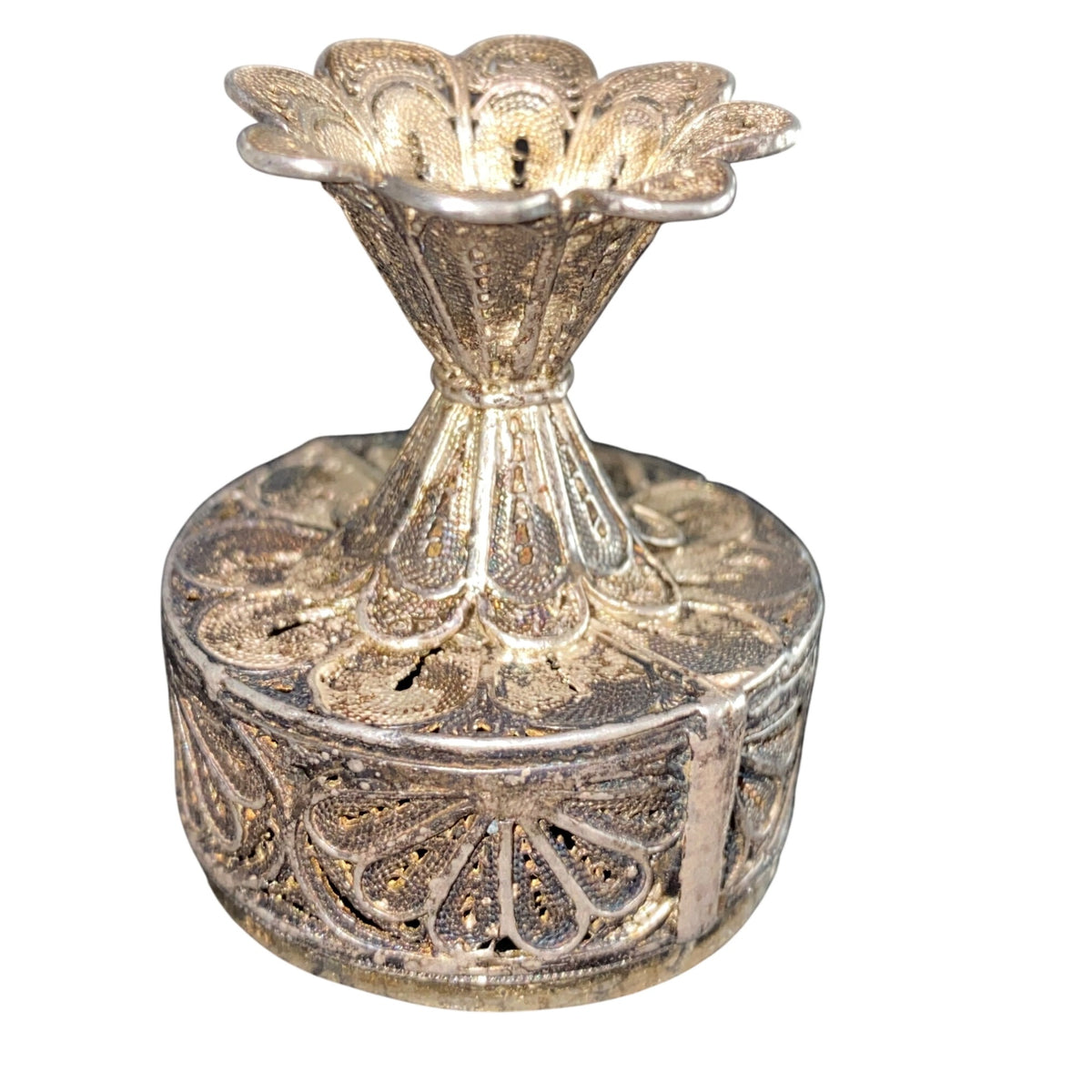 Filigree Pedestal Trinket Box Sterling Silver Turquoise Bead Lid Vintage