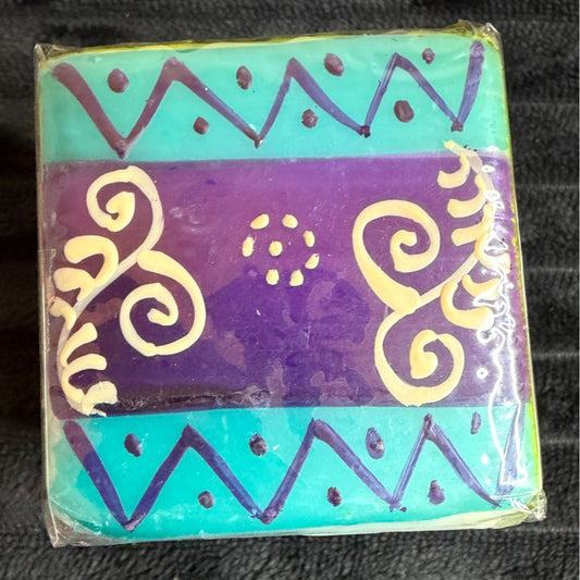 Handmade Fair Trade Matuko Square Candle By Nobunto 2.25" South Africa  Multicolor Unique Wax Art Gift Features Intricate Tribal Patterns