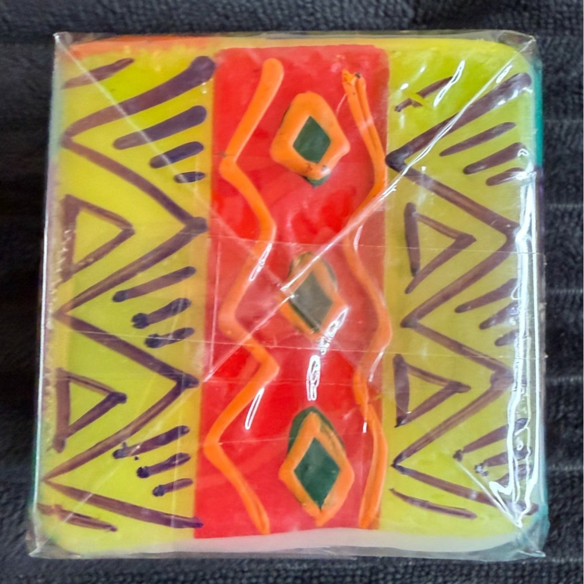 Handmade Fair Trade Matuko Square Candle By Nobunto 2.25" South Africa  Multicolor Unique Wax Art Gift Features Intricate Tribal Patterns