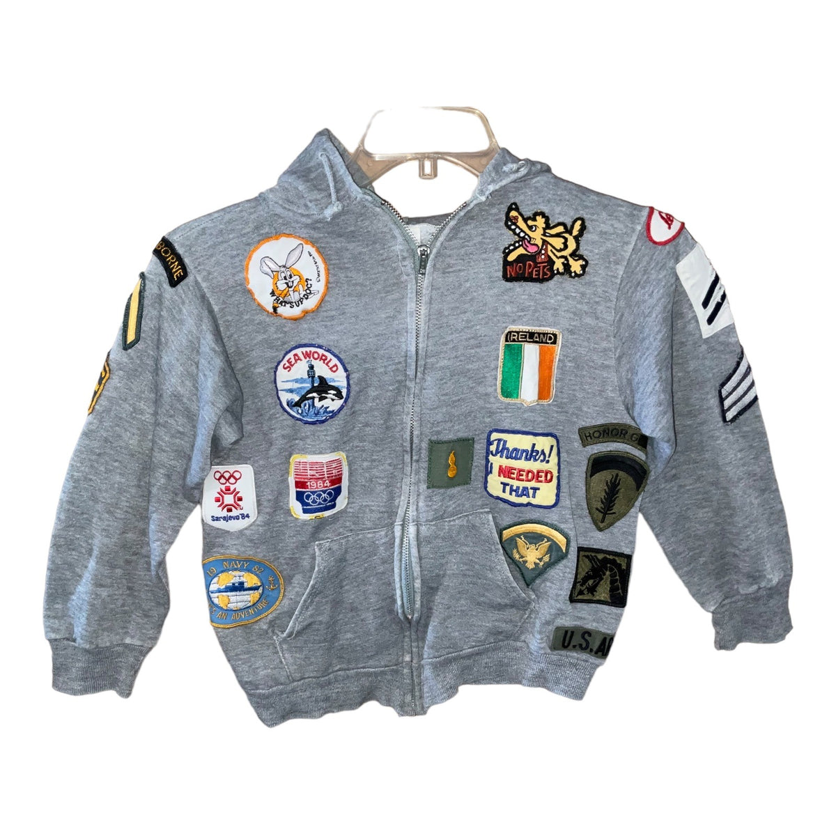 Vintage Gray Hoodie With Sewn-On Collectible Patches