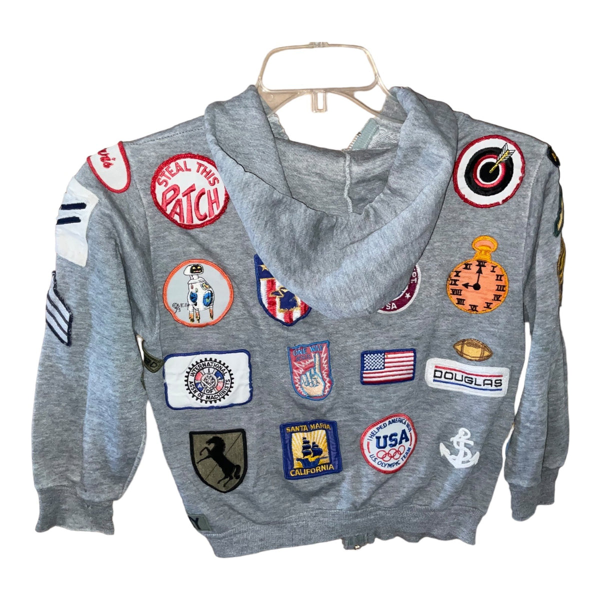 Vintage Gray Hoodie With Sewn-On Collectible Patches