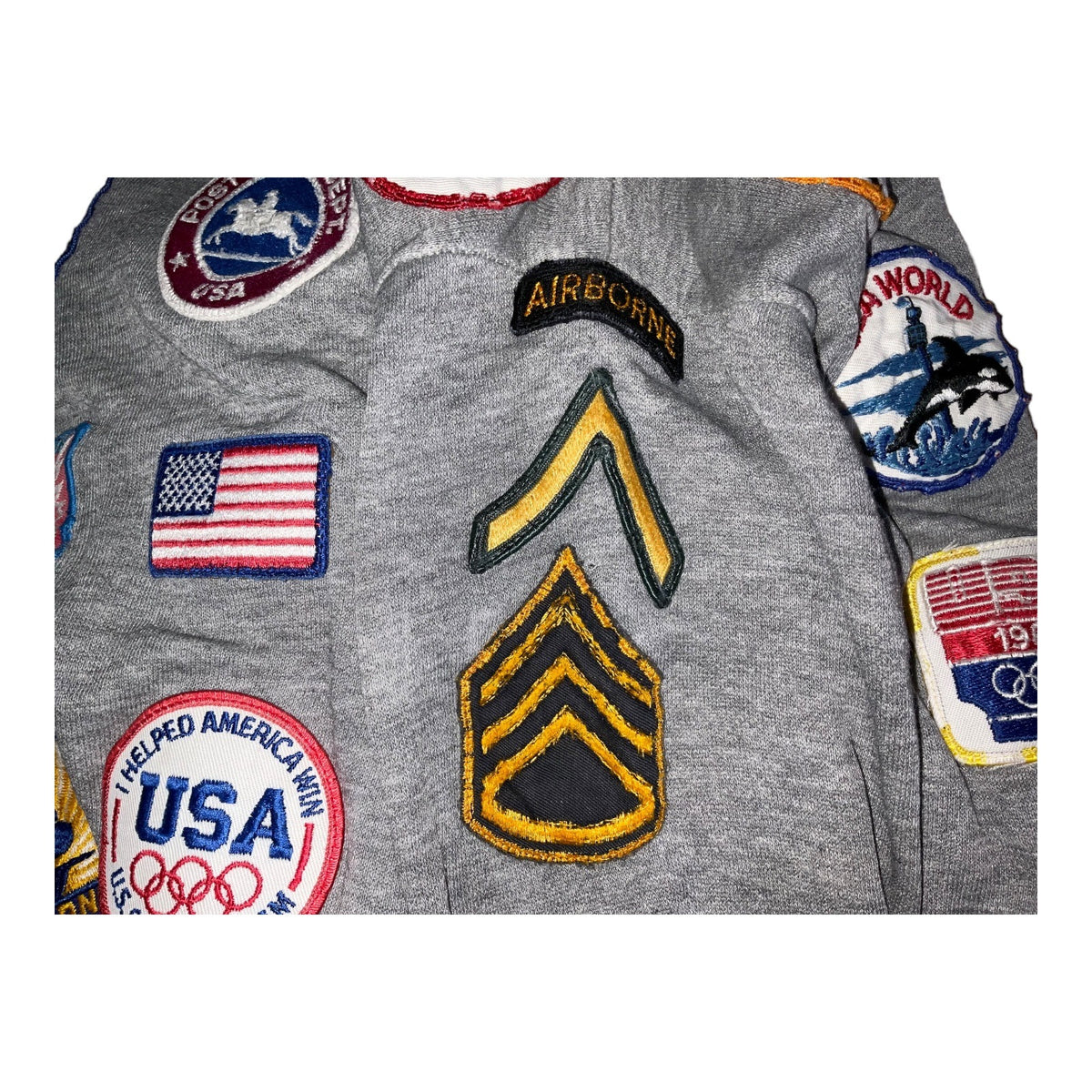 Vintage Gray Hoodie With Sewn-On Collectible Patches