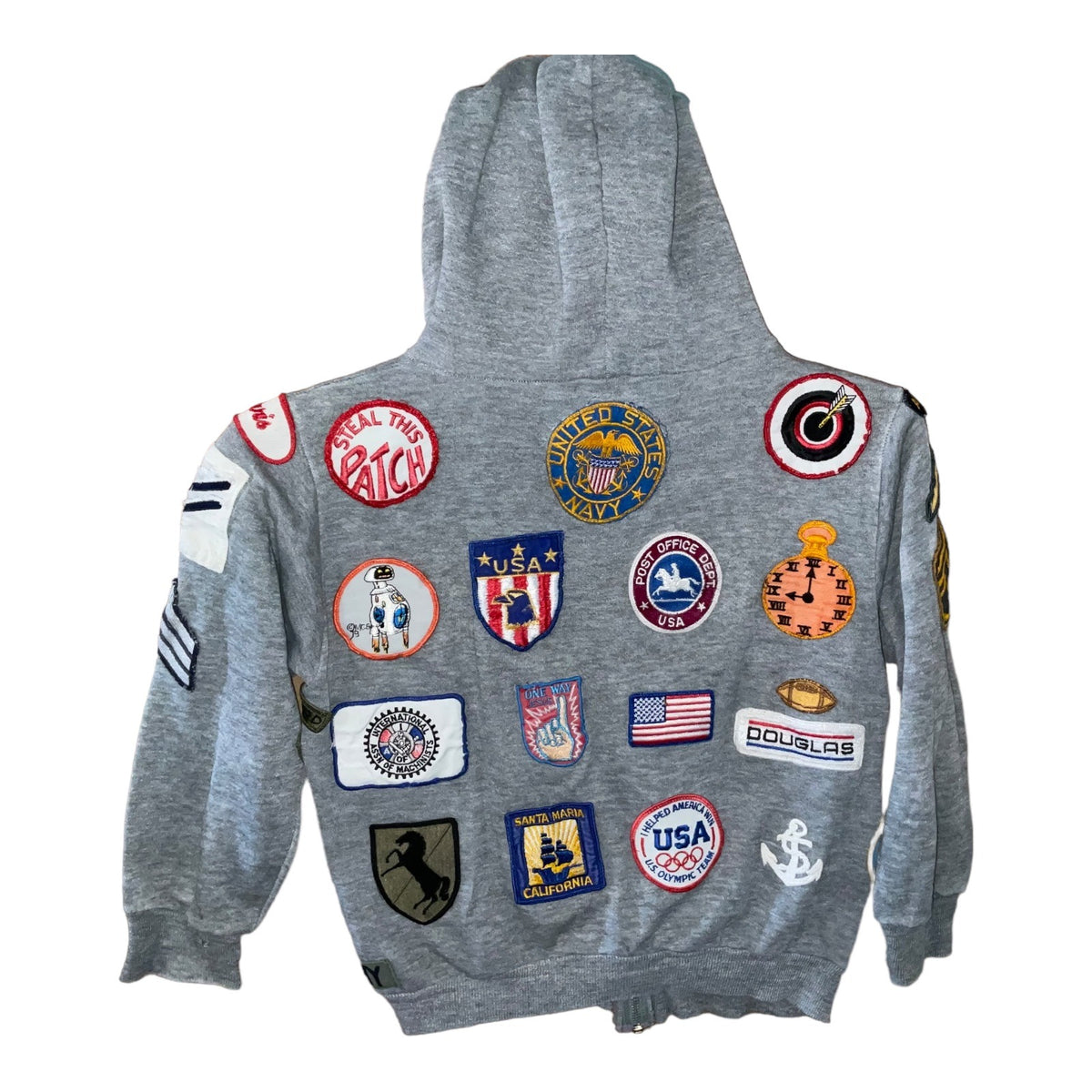 Vintage Gray Hoodie With Sewn-On Collectible Patches