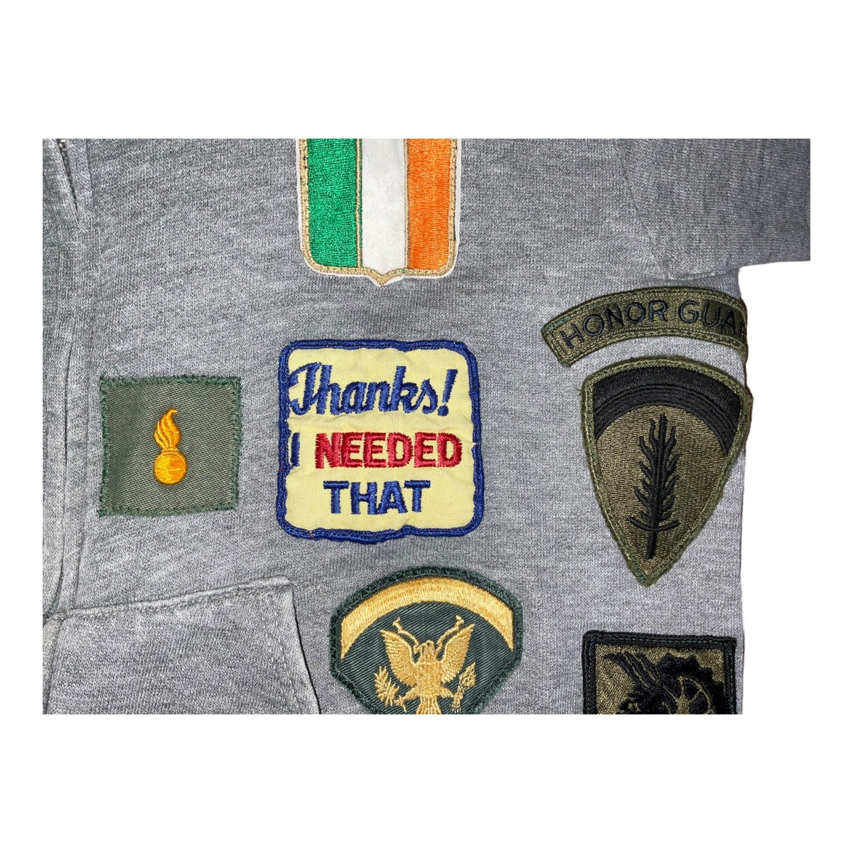 Vintage Gray Hoodie With Sewn-On Collectible Patches