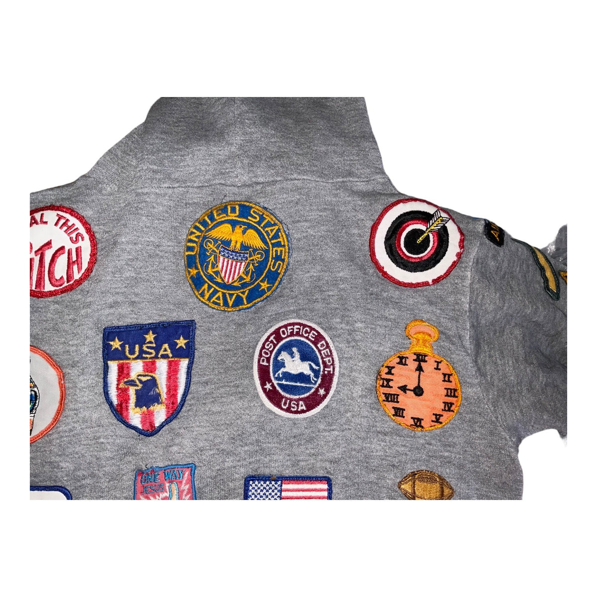 Vintage Gray Hoodie With Sewn-On Collectible Patches