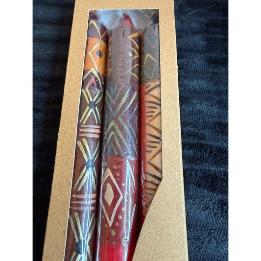 Handmade & Fair-Trade Nobunto Bongazi South African 3-Piece Handpainted 9" Dinner Candles: Bold Tribal Patterns Unique Vibrant Colors