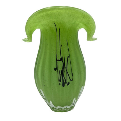 Vintage Green Murano Art Glass Vase With Hand-Painted Black Abstract Design