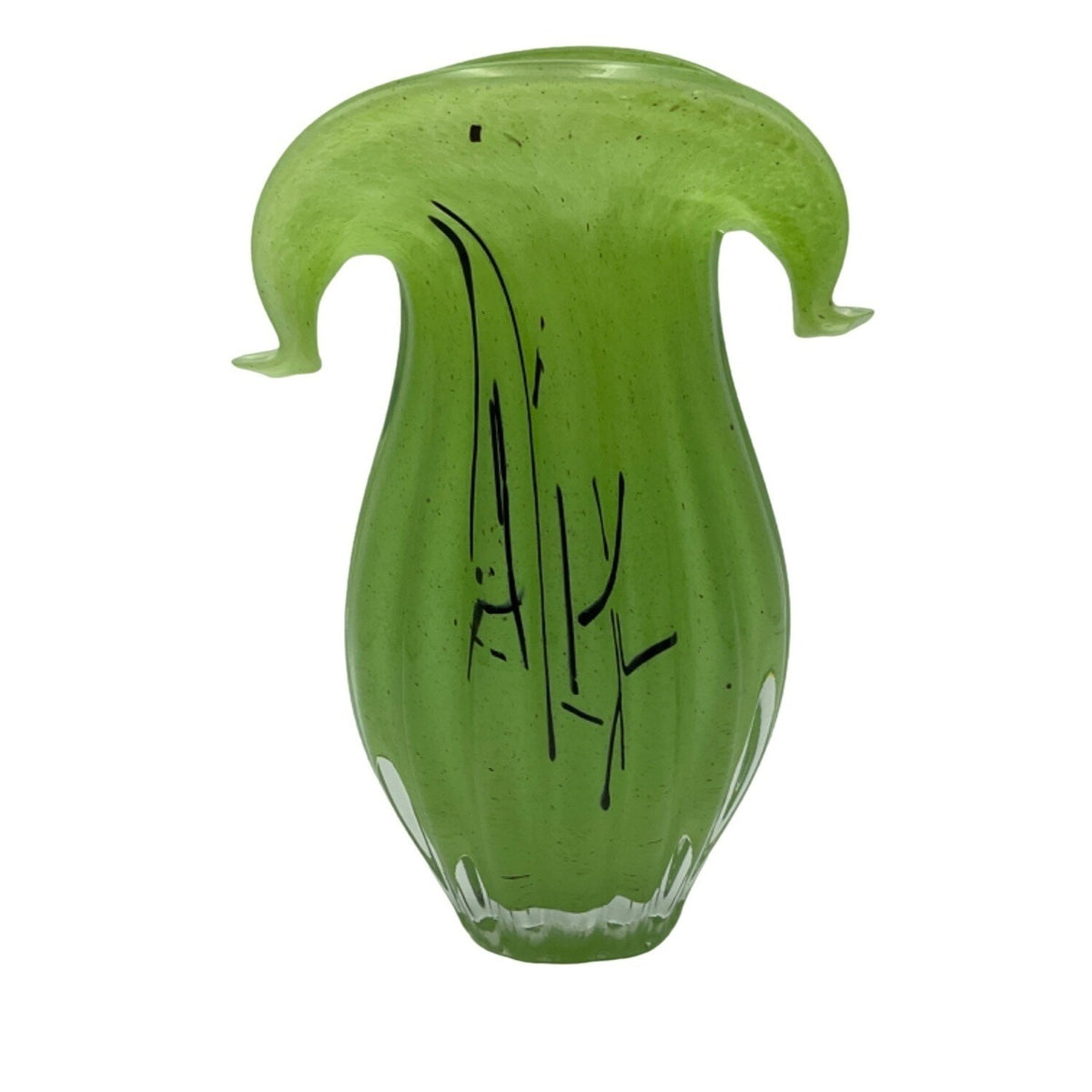 Vintage Green Murano Art Glass Vase With Hand-Painted Black Abstract Design