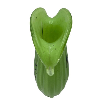Vintage Green Murano Art Glass Vase With Hand-Painted Black Abstract Design