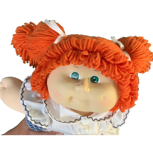 Vintage 1985 Cabbage Patch Kids Doll With Red Yarn Hair Green Eyes White Dress & Blue Checked Bloomers 16 Inches Tall