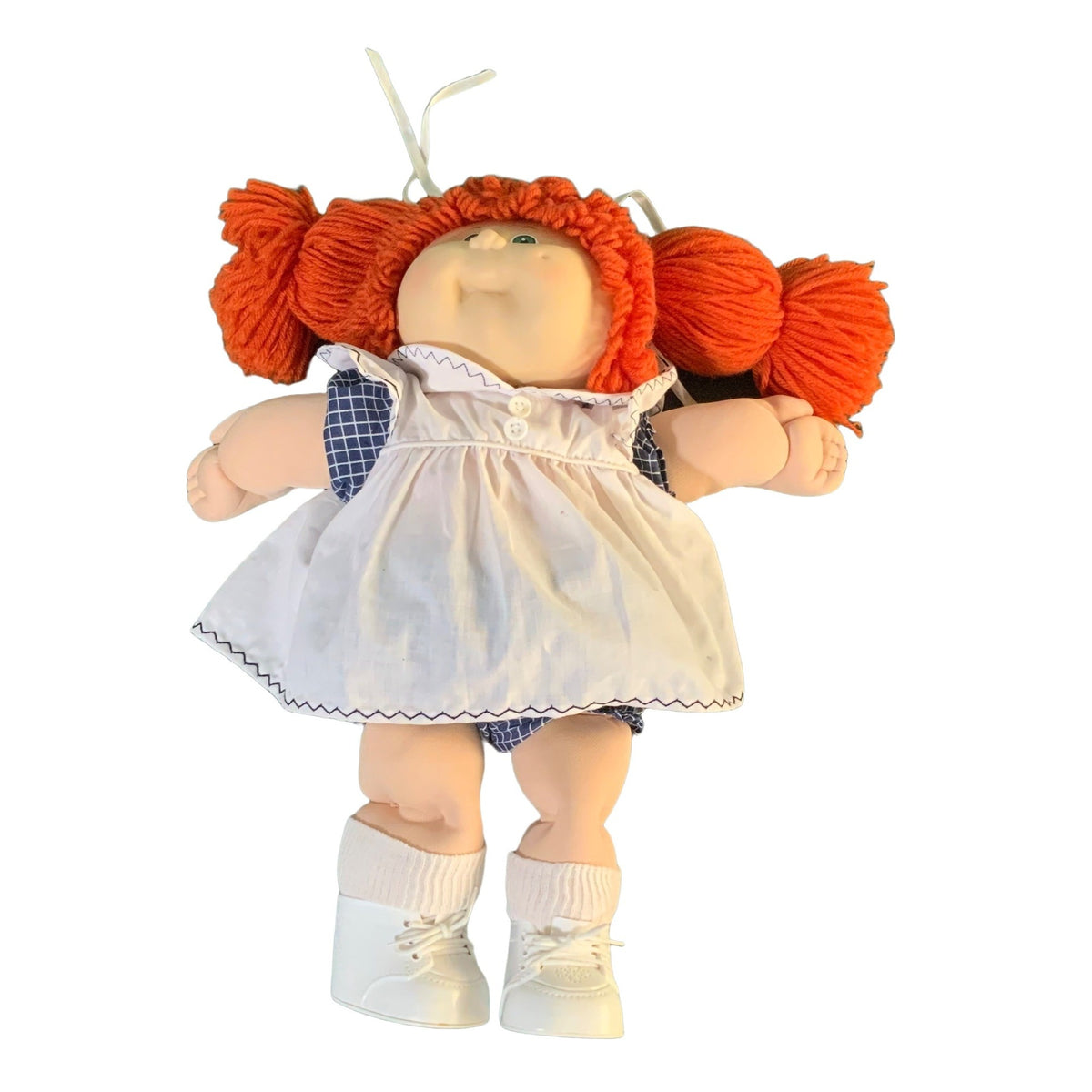 Vintage 1985 Cabbage Patch Kids Doll With Red Yarn Hair Green Eyes White Dress & Blue Checked Bloomers 16 Inches Tall