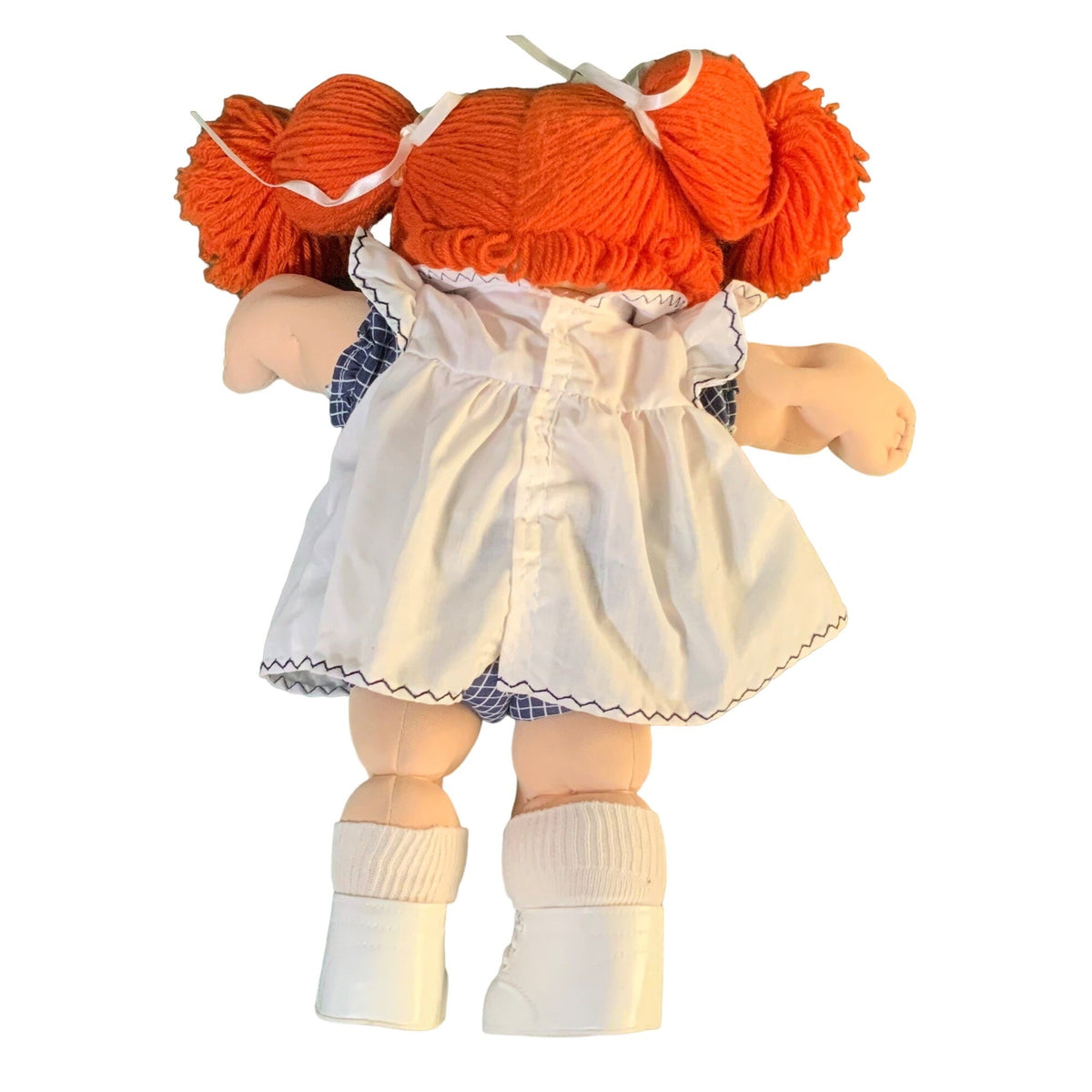 Vintage 1985 Cabbage Patch Kids Doll With Red Yarn Hair Green Eyes White Dress & Blue Checked Bloomers 16 Inches Tall