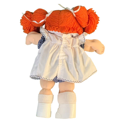 Vintage 1985 Cabbage Patch Kids Doll With Red Yarn Hair Green Eyes White Dress & Blue Checked Bloomers 16 Inches Tall
