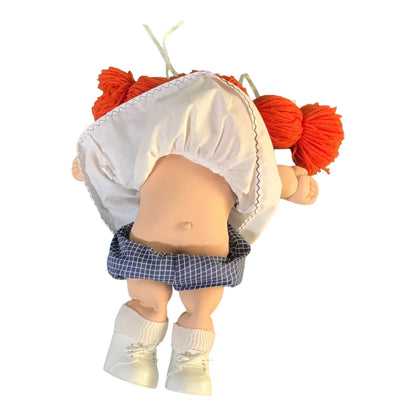 Vintage 1985 Cabbage Patch Kids Doll With Red Yarn Hair Green Eyes White Dress & Blue Checked Bloomers 16 Inches Tall