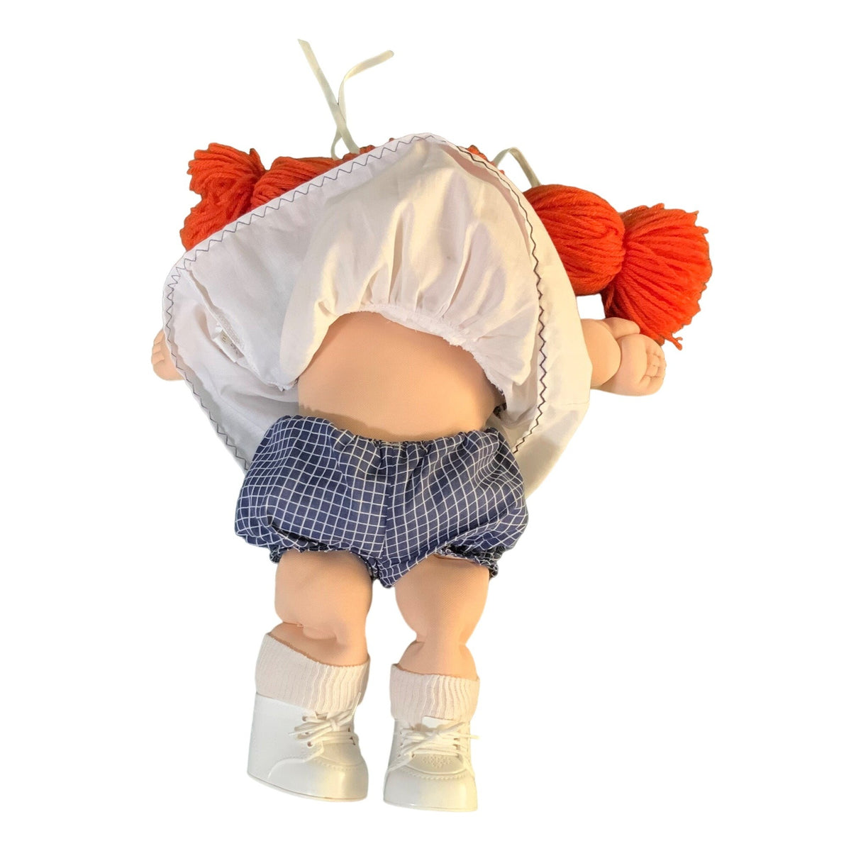 Vintage 1985 Cabbage Patch Kids Doll With Red Yarn Hair Green Eyes White Dress & Blue Checked Bloomers 16 Inches Tall