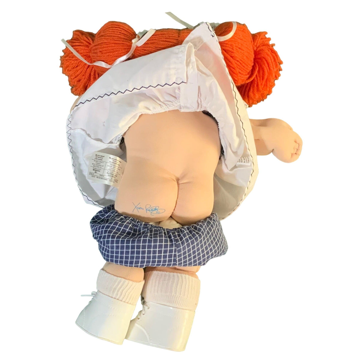 Vintage 1985 Cabbage Patch Kids Doll With Red Yarn Hair Green Eyes White Dress & Blue Checked Bloomers 16 Inches Tall