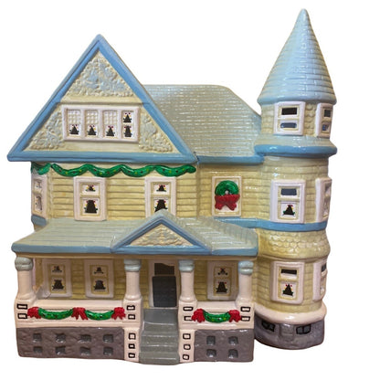 Yuletide Holiday Christmas Ceramic House Lighted Blue Green Gray Christmas Holiday