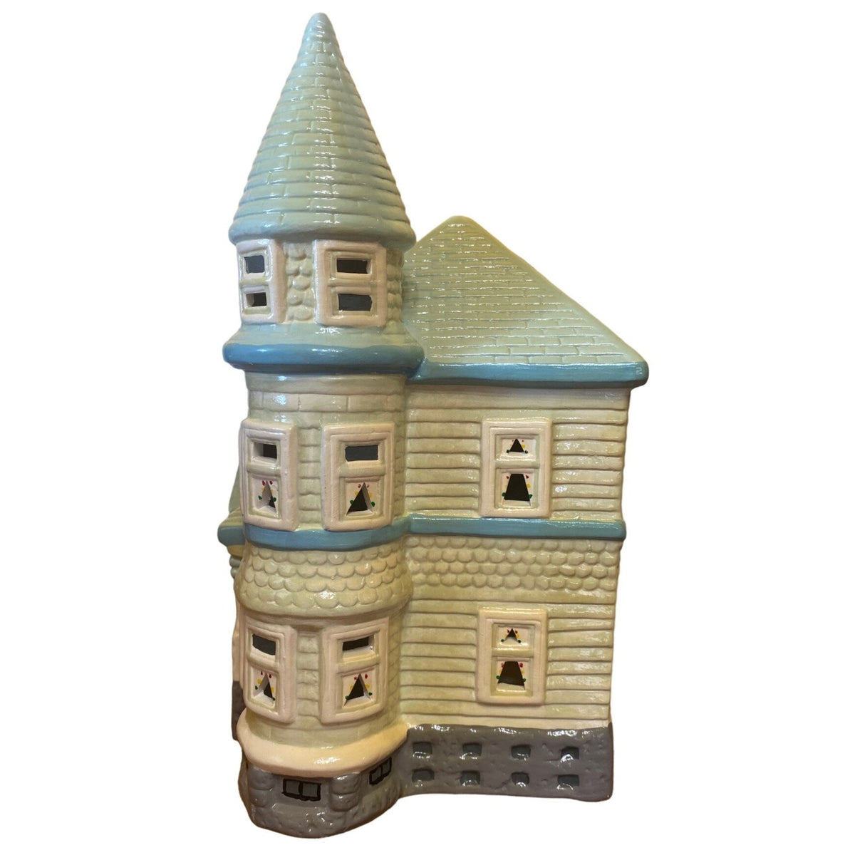 Yuletide Holiday Christmas Ceramic House Lighted Blue Green Gray Christmas Holiday