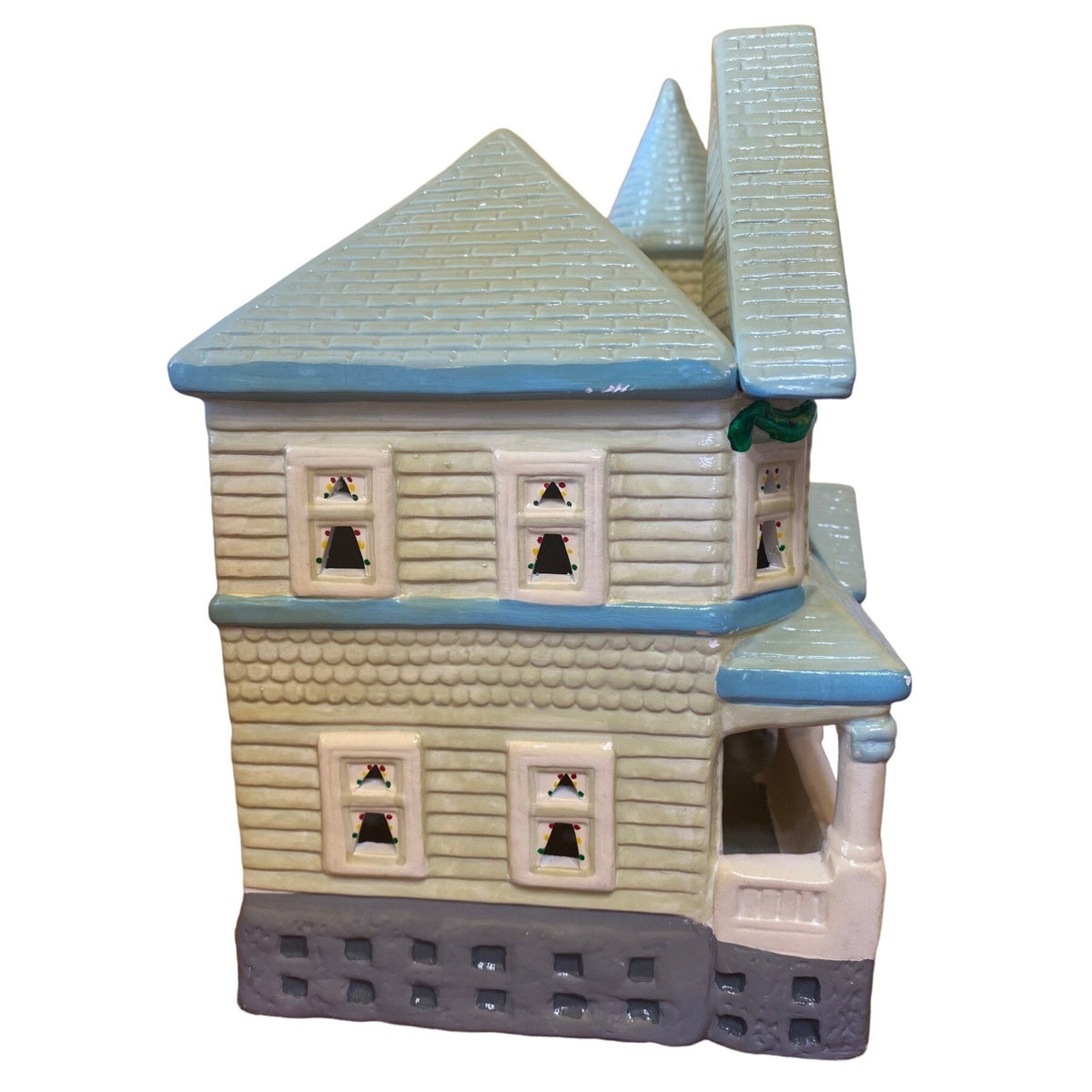 Yuletide Holiday Christmas Ceramic House Lighted Blue Green Gray Christmas Holiday