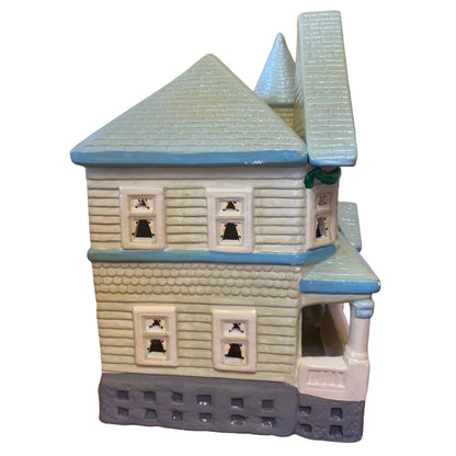 Yuletide Holiday Christmas Ceramic House Lighted Blue Green Gray Christmas Holiday