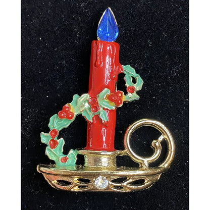 Holiday Christmas Candle Brooch Gold Red Green Blue Jewelry