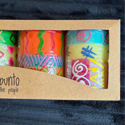 Nobunto Shahida Handcrafted Fair Trade 3 2.5" Candle Set From South Africa - Multicolor Unique Votive Design Each Candle Hand-Made & Painted