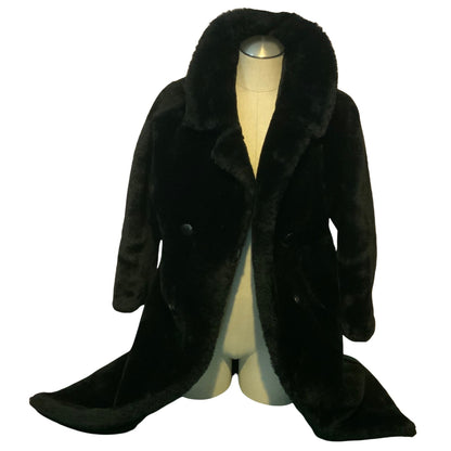 Black shearling sheepskin Double-Breasted Coat With Paisley Lining & Belted Back