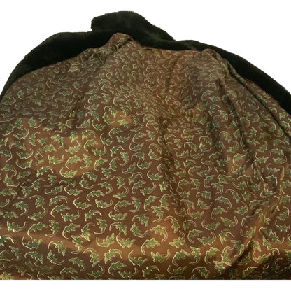 Black shearling sheepskin Double-Breasted Coat With Paisley Lining & Belted Back
