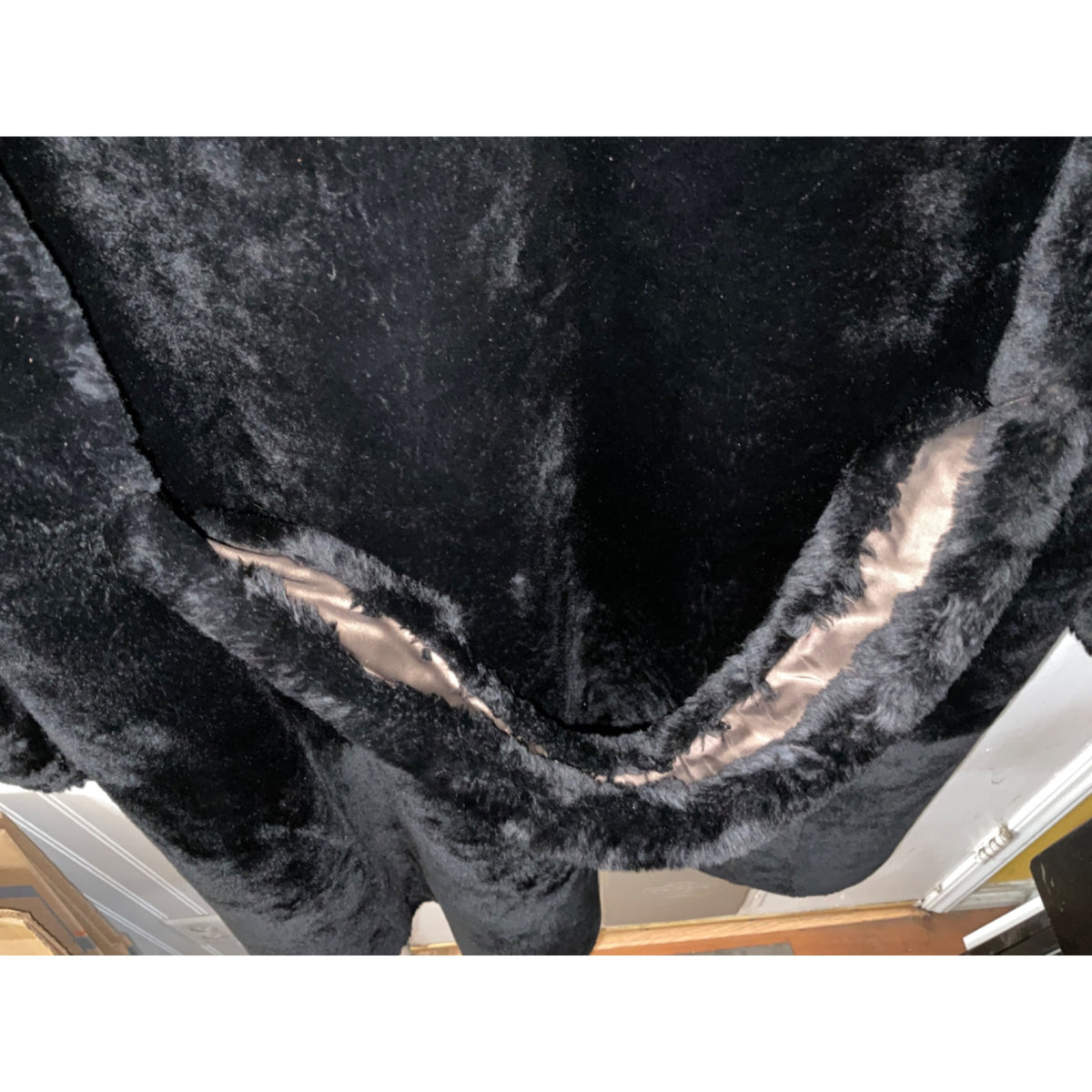 Black shearling sheepskin Double-Breasted Coat With Paisley Lining & Belted Back