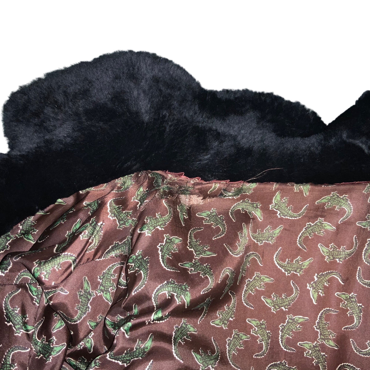 Black shearling sheepskin Double-Breasted Coat With Paisley Lining & Belted Back