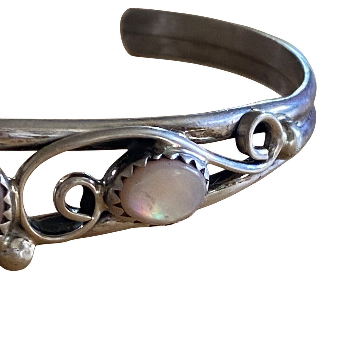 Native American Sterling Silver & Moonstone Cuff Bracelet With Swirl Design